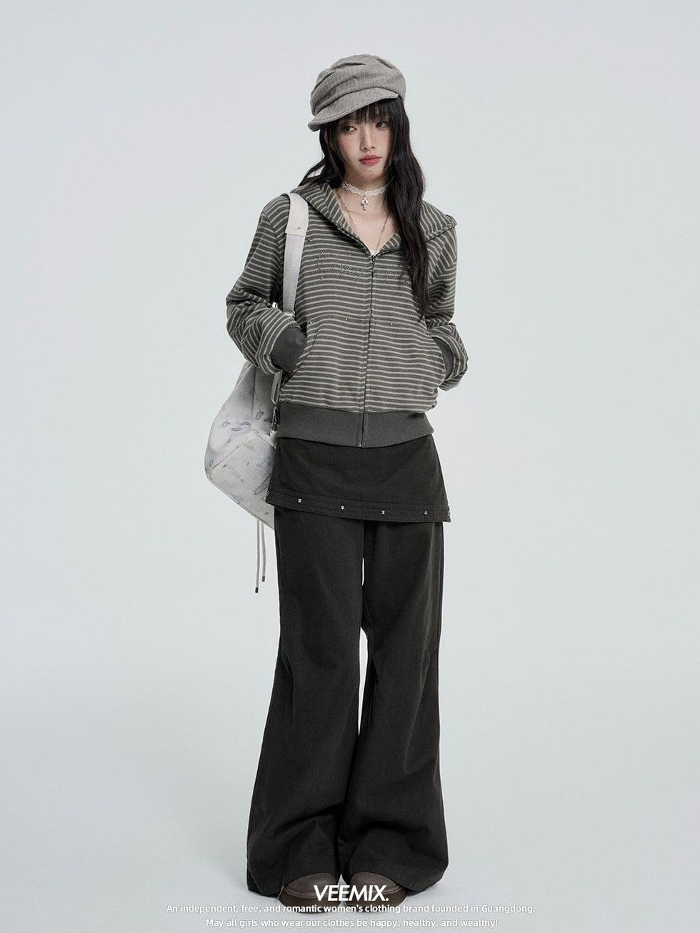 VEEMIX Striped Rivet Loose Korean Short Cotton Women&