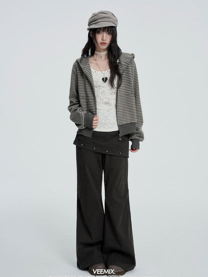 VEEMIX Striped Rivet Loose Korean Short Cotton Women&