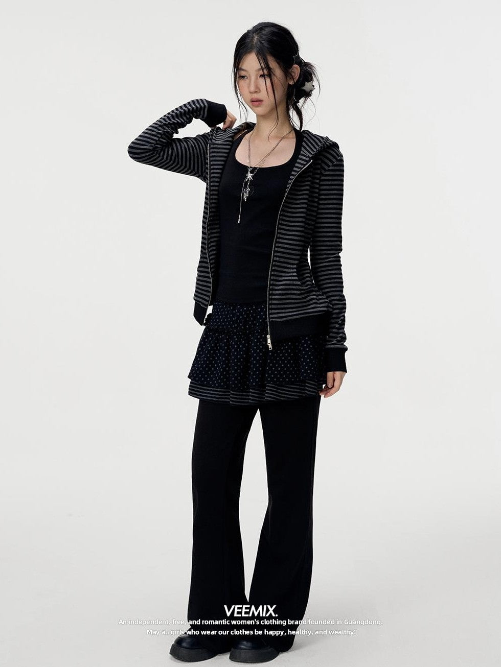 VEEMIX Striped Zip Front Kangaroo Pocket Slim Fit Women&
