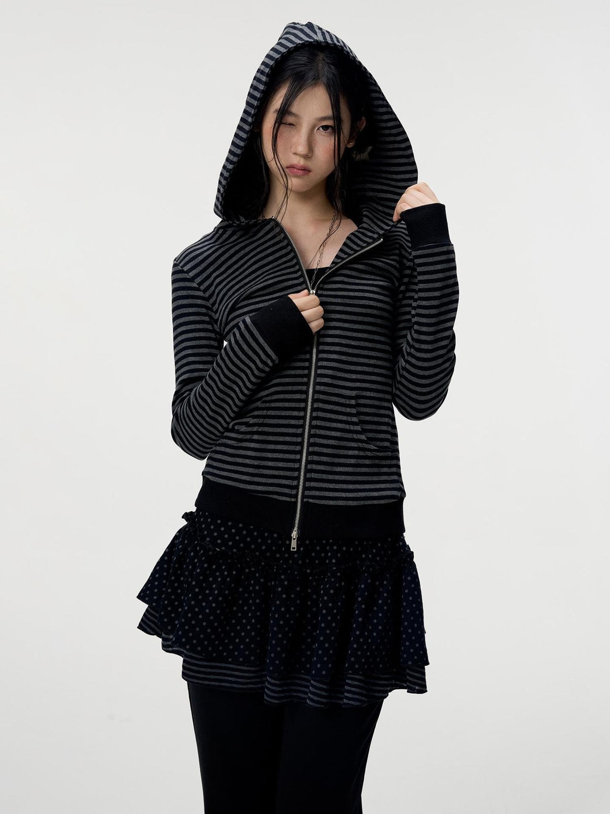VEEMIX Striped Zip Front Kangaroo Pocket Slim Fit Women&