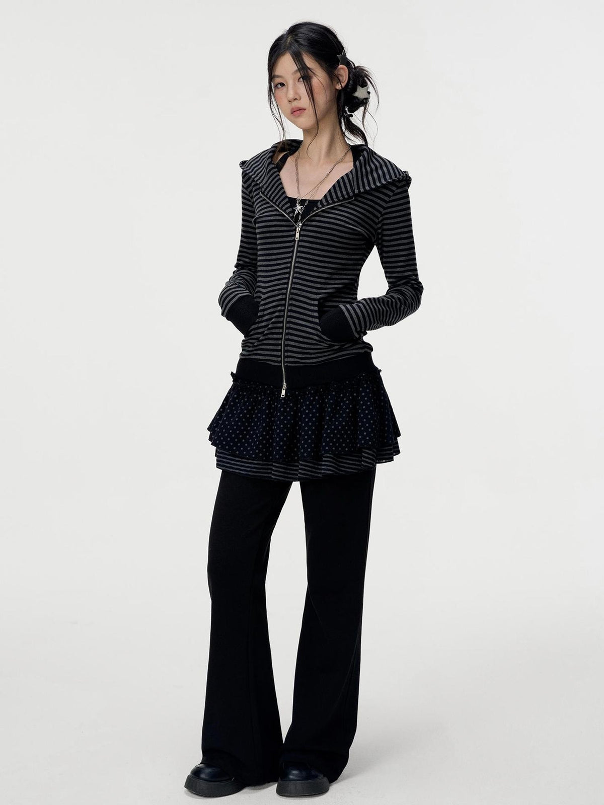 VEEMIX Striped Zip Front Kangaroo Pocket Slim Fit Women&