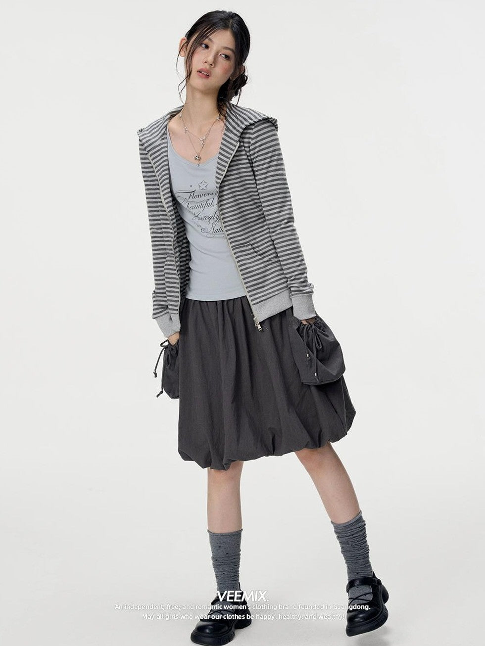 VEEMIX Striped Zip Front Kangaroo Pocket Slim Fit Women&