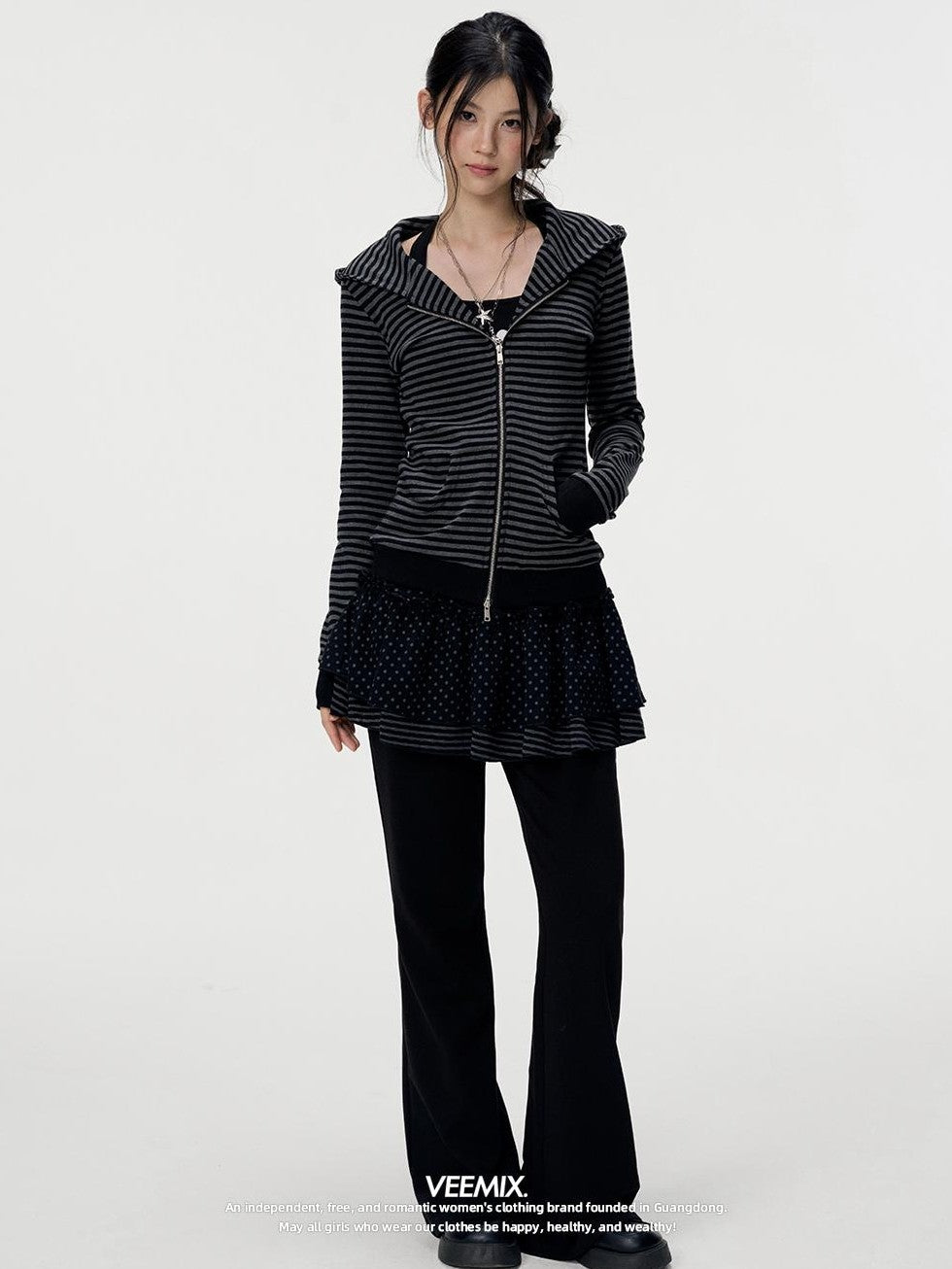 VEEMIX Striped Zip Front Kangaroo Pocket Slim Fit Women&