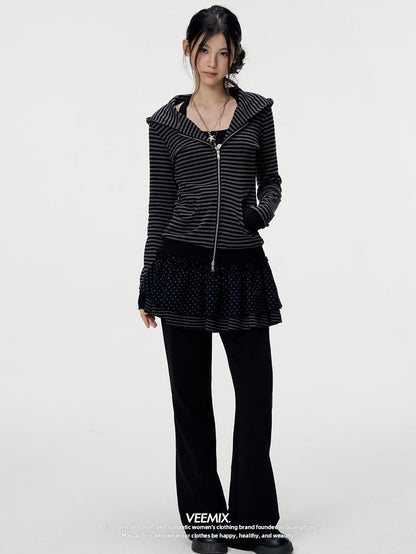 VEEMIX Striped Zip Front Kangaroo Pocket Slim Fit Women&