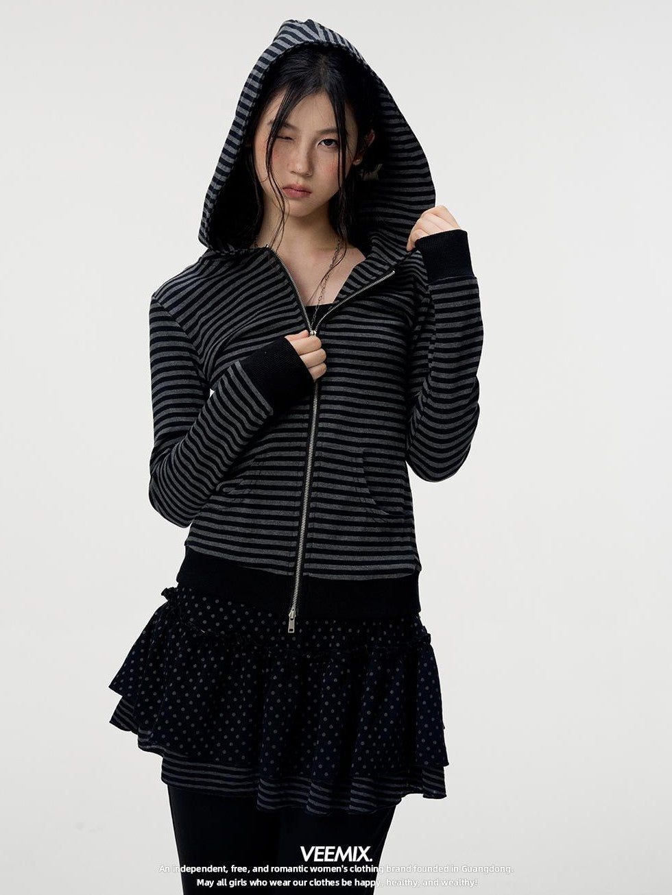 VEEMIX Striped Zip Front Kangaroo Pocket Slim Fit Women&