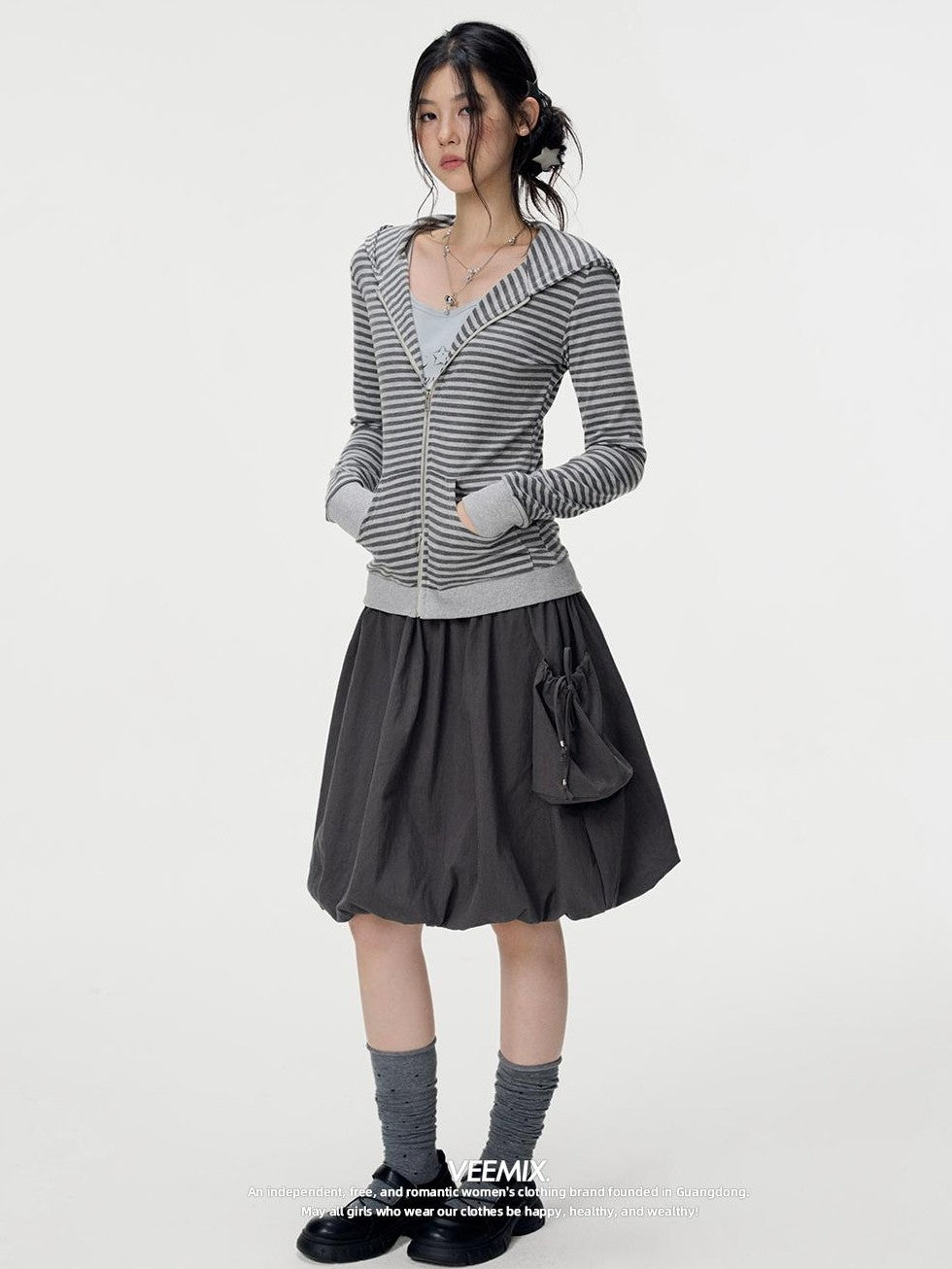 VEEMIX Striped Zip Front Kangaroo Pocket Slim Fit Women&