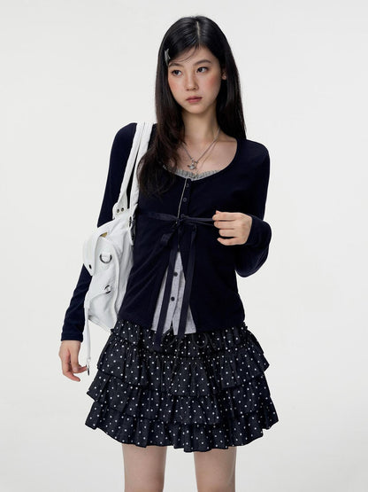 VEEMIX Sweet Bow Button Faux Two Piece Knit Women&