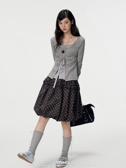 VEEMIX Sweet Bow Button Faux Two Piece Knit Women&
