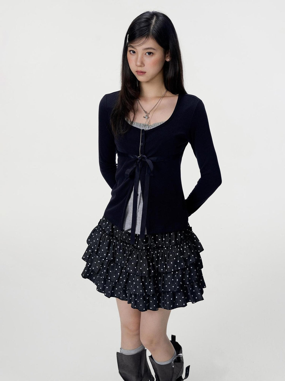 VEEMIX Sweet Bow Button Faux Two Piece Knit Women&