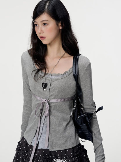 VEEMIX Sweet Bow Button Faux Two Piece Knit Women&
