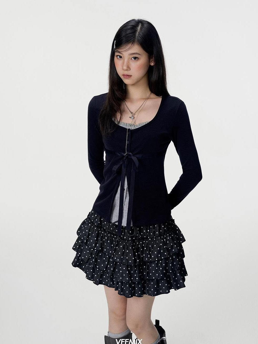 VEEMIX Sweet Bow Button Faux Two Piece Knit Women&