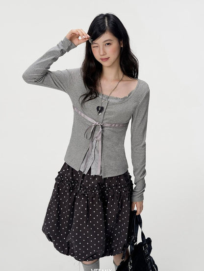 VEEMIX Sweet Bow Button Faux Two Piece Knit Women&