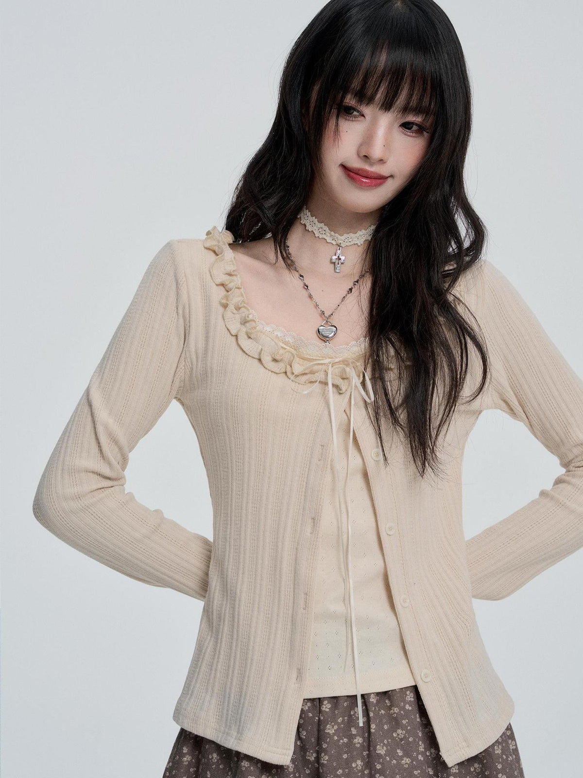 VEEMIX Sweet Lace Button Faux Two Piece Round Neck Women&