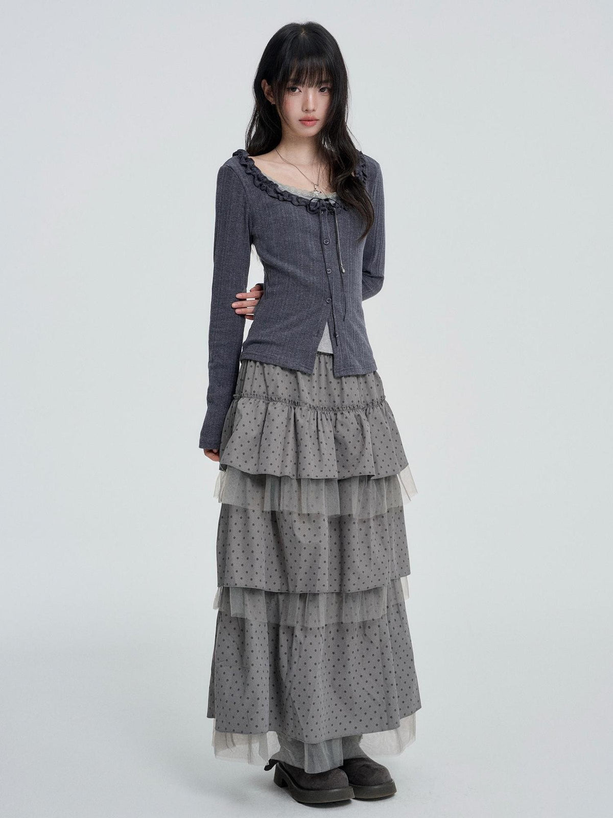 VEEMIX Sweet Lace Button Faux Two Piece Round Neck Women&