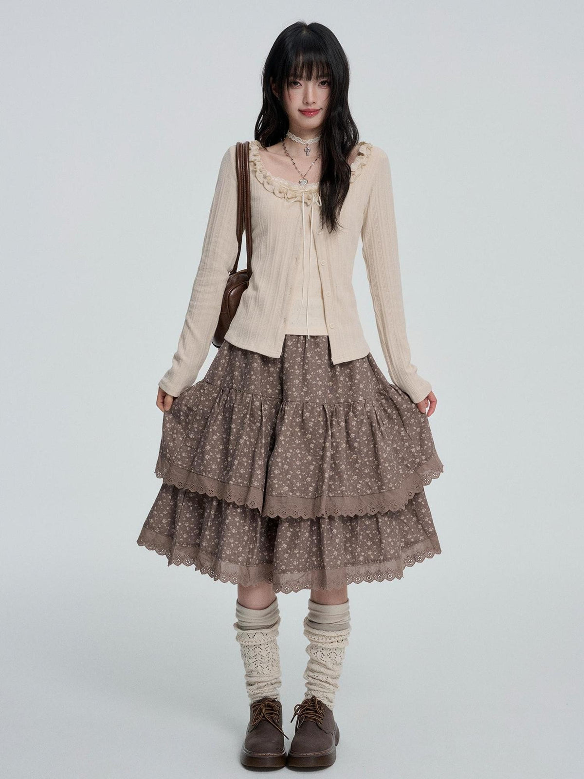 VEEMIX Sweet Lace Button Faux Two Piece Round Neck Women&