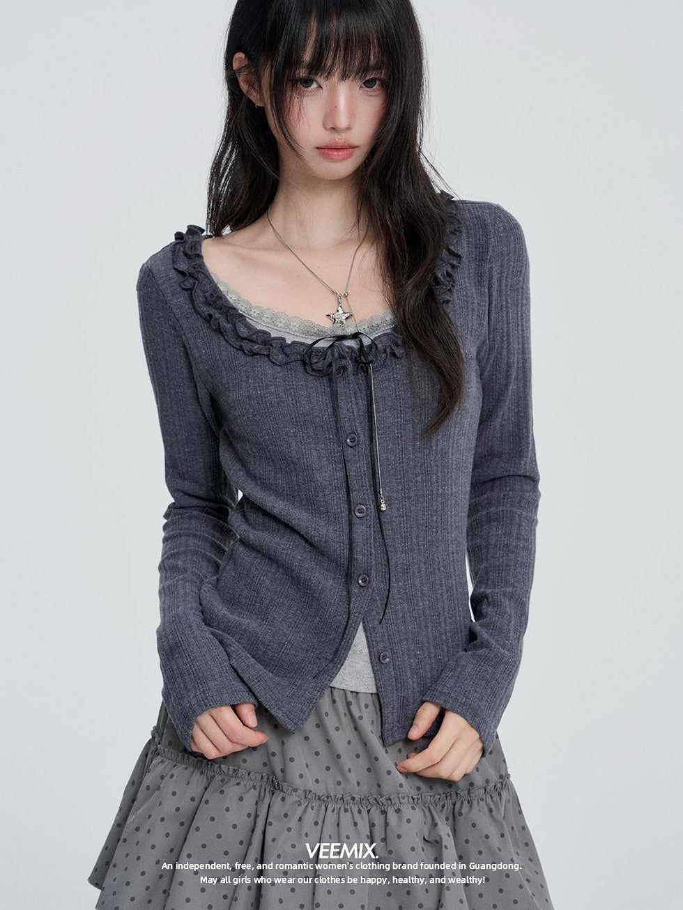 VEEMIX Sweet Lace Button Faux Two Piece Round Neck Women&