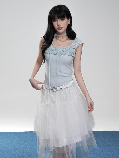 VEEMIX Sweet Lace Ruched Square Neck Slim Fit Women&