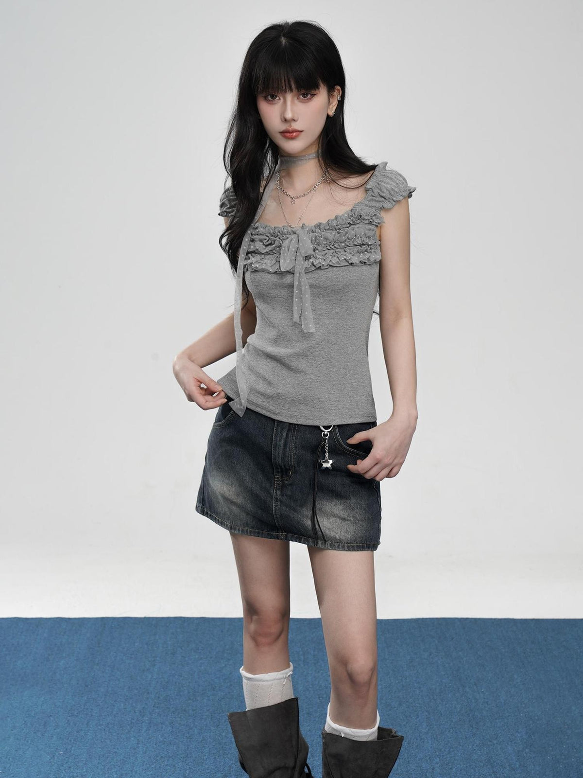 VEEMIX Sweet Lace Ruched Square Neck Slim Fit Women&
