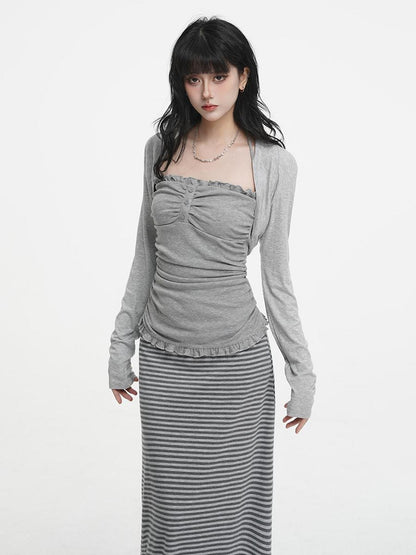 VEEMIX Sweet Lace Up Camisole Cardigan Two Piece Women&