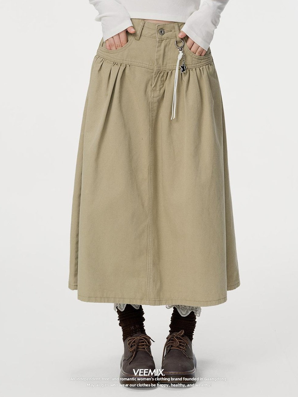 VEEMIX Utility Pocket High Waist A Line Cotton Women&