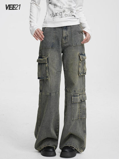 VEEMIX Vintage Washed High Waist Pocket Cotton Women&