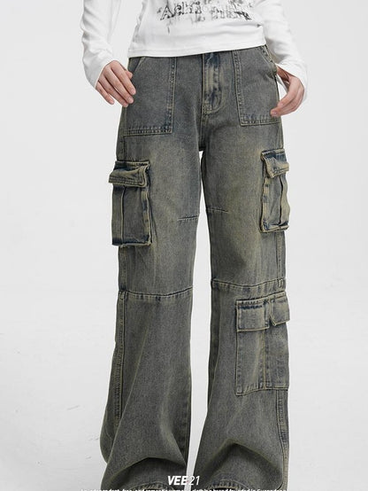 VEEMIX Vintage Washed High Waist Pocket Cotton Women&