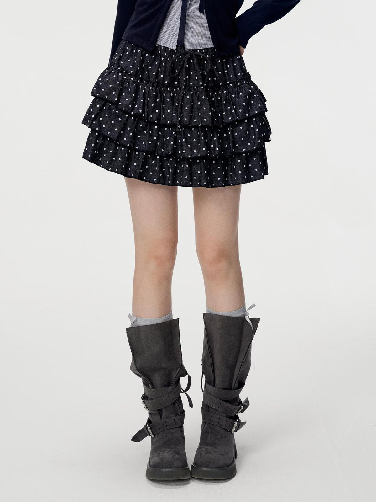 VEEMIX White Polka Dot Ruched Tiered A Line Women&