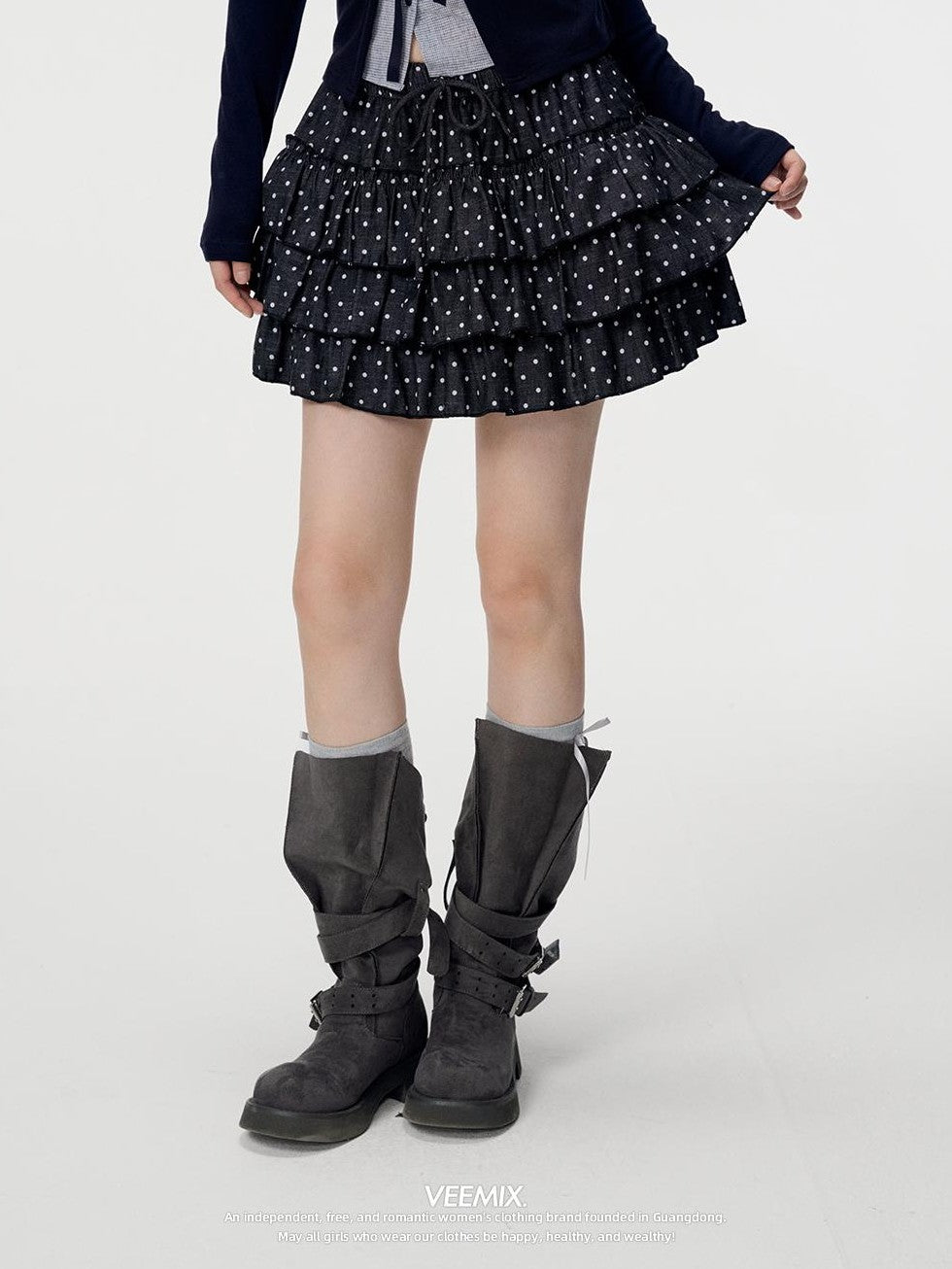 VEEMIX White Polka Dot Ruched Tiered A Line Women&
