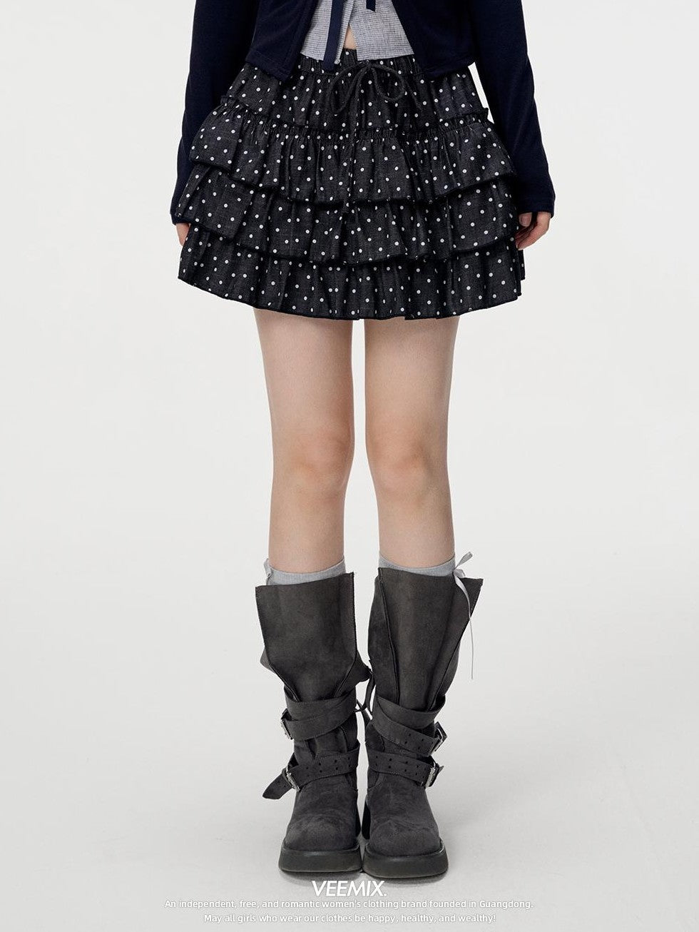 VEEMIX White Polka Dot Ruched Tiered A Line Women&