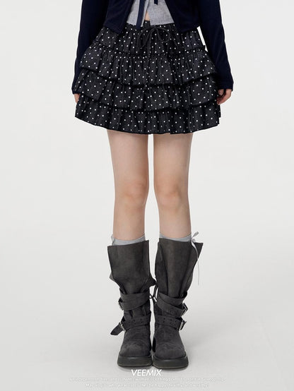 VEEMIX White Polka Dot Ruched Tiered A Line Women&