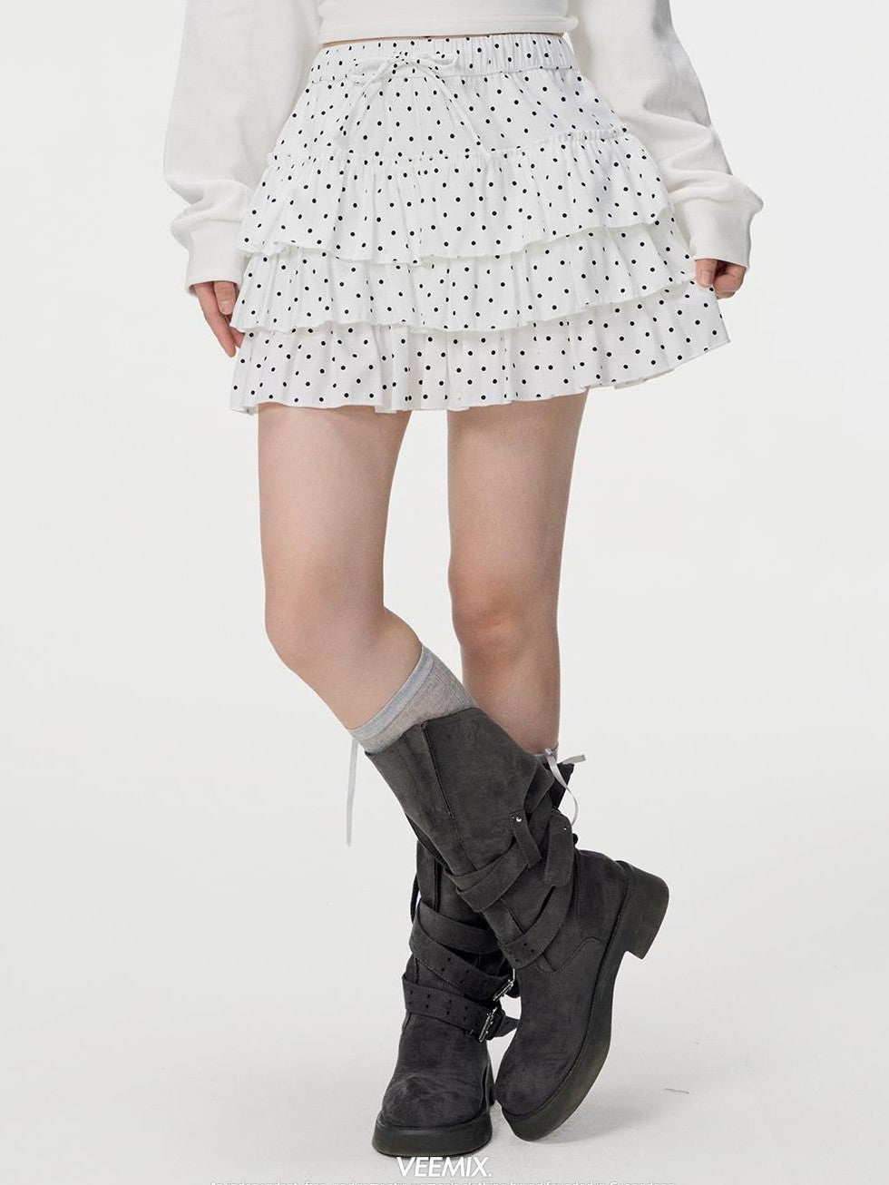 VEEMIX White Polka Dot Ruched Tiered A Line Women&