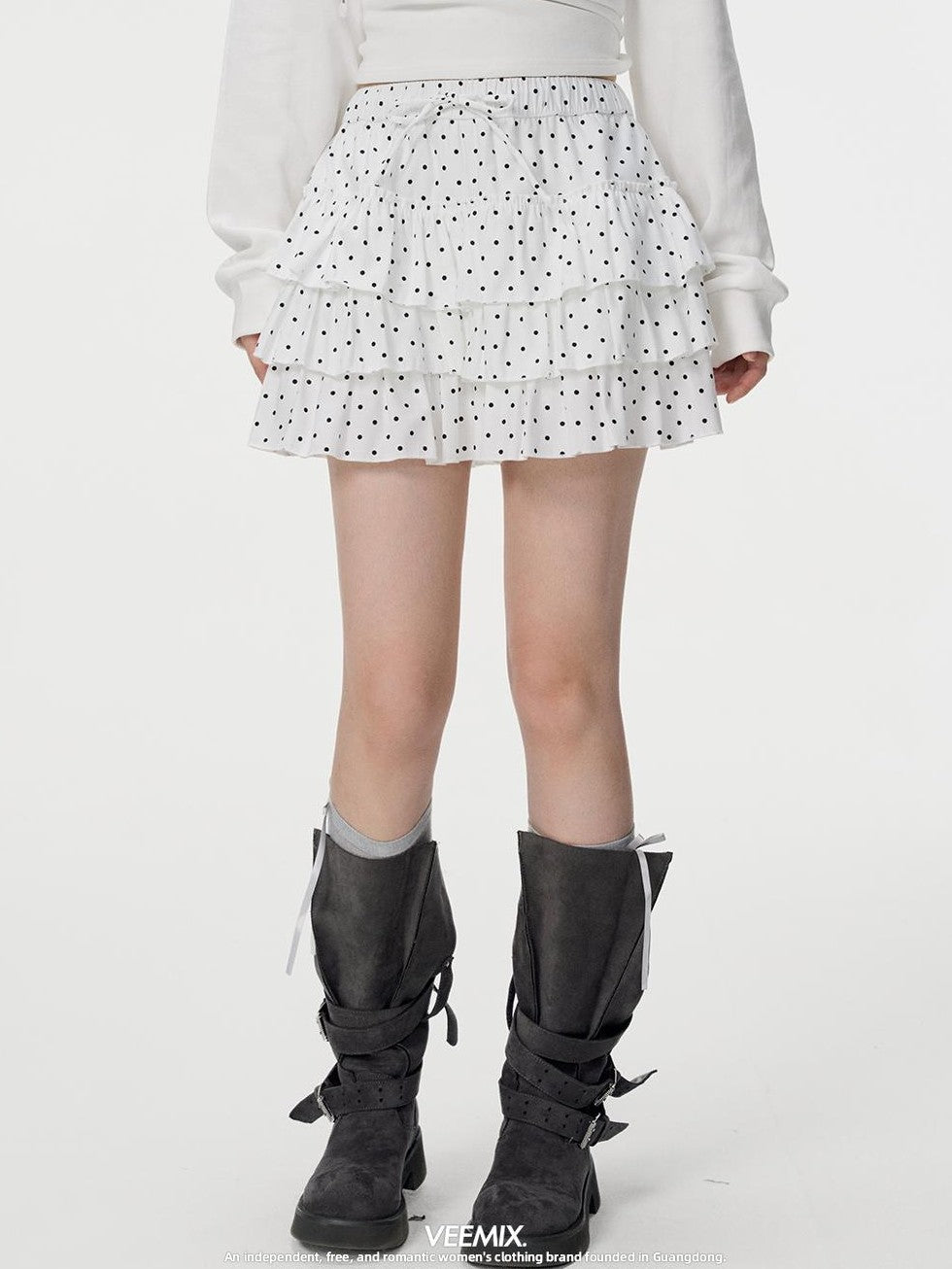 VEEMIX White Polka Dot Ruched Tiered A Line Women&