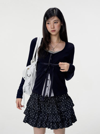 VEEMIX White Polka Dot Ruched Tiered A Line Women&