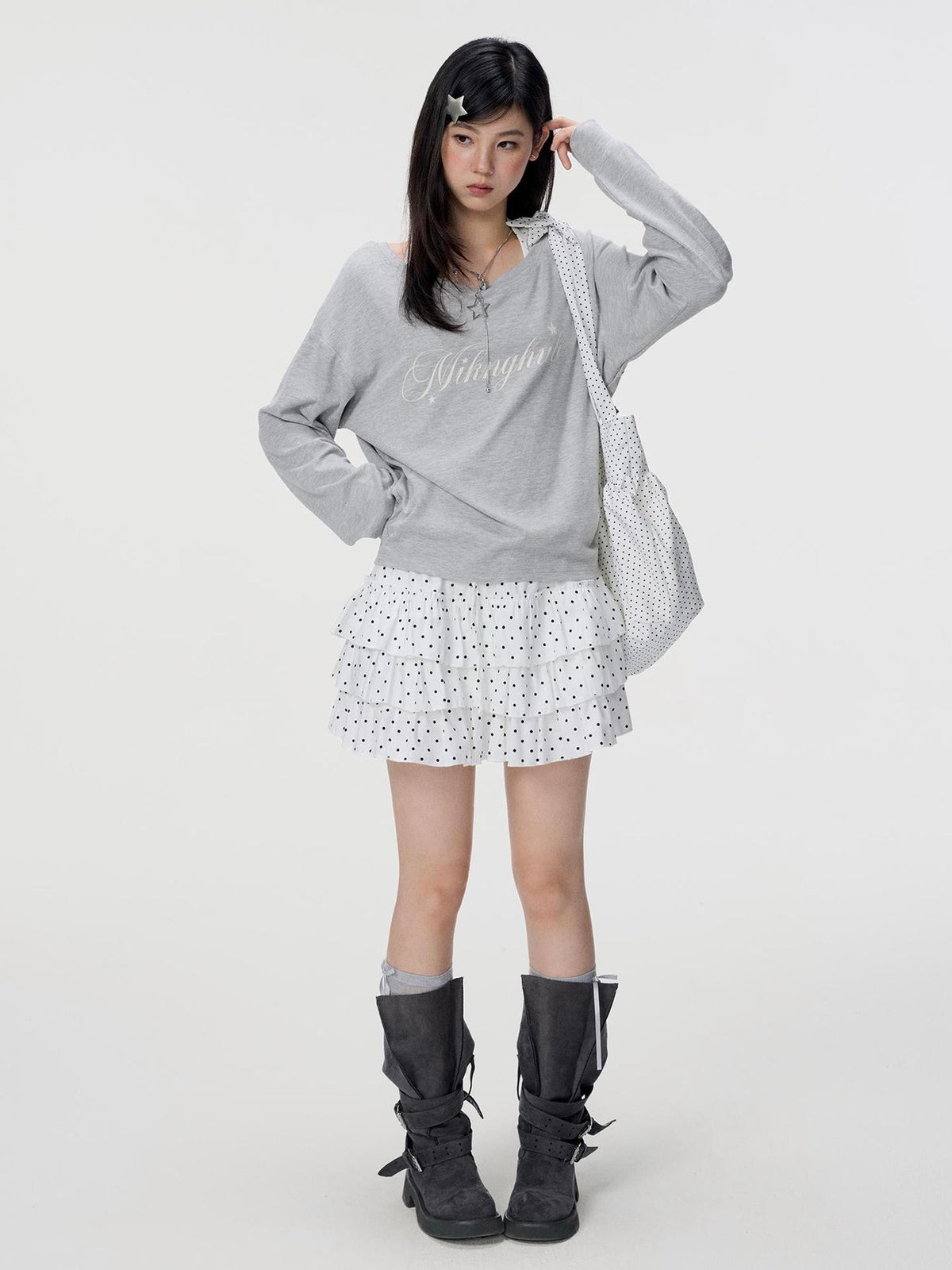 VEEMIX White Polka Dot Ruched Tiered A Line Women&