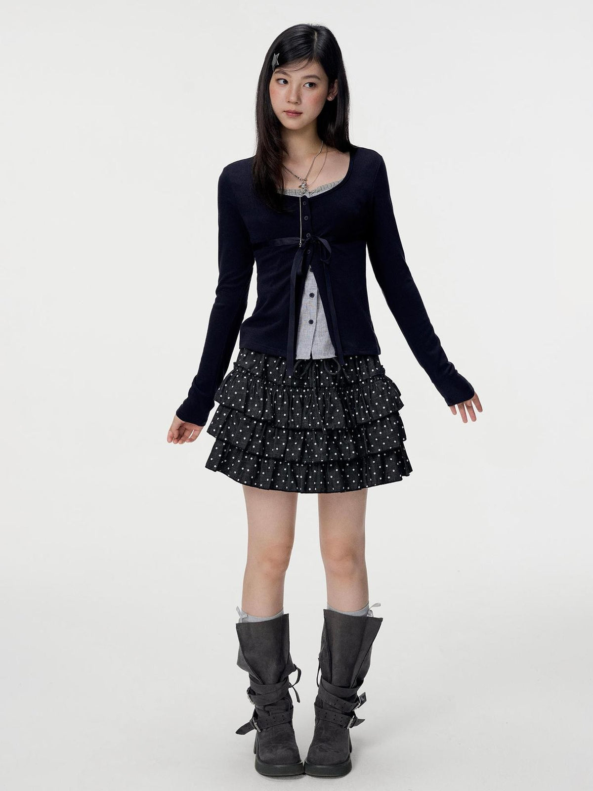 VEEMIX White Polka Dot Ruched Tiered A Line Women&