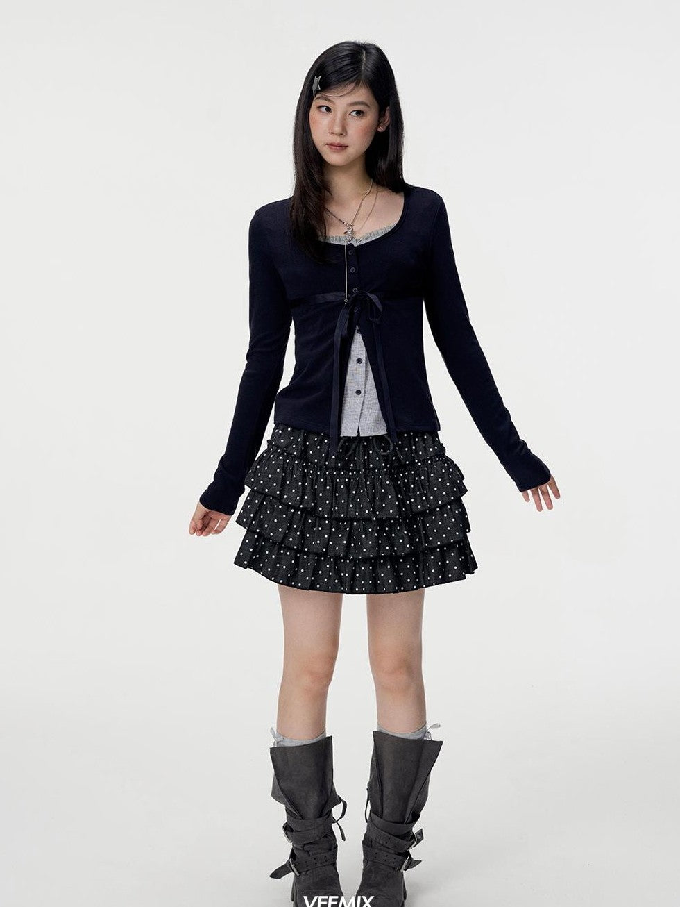 VEEMIX White Polka Dot Ruched Tiered A Line Women&