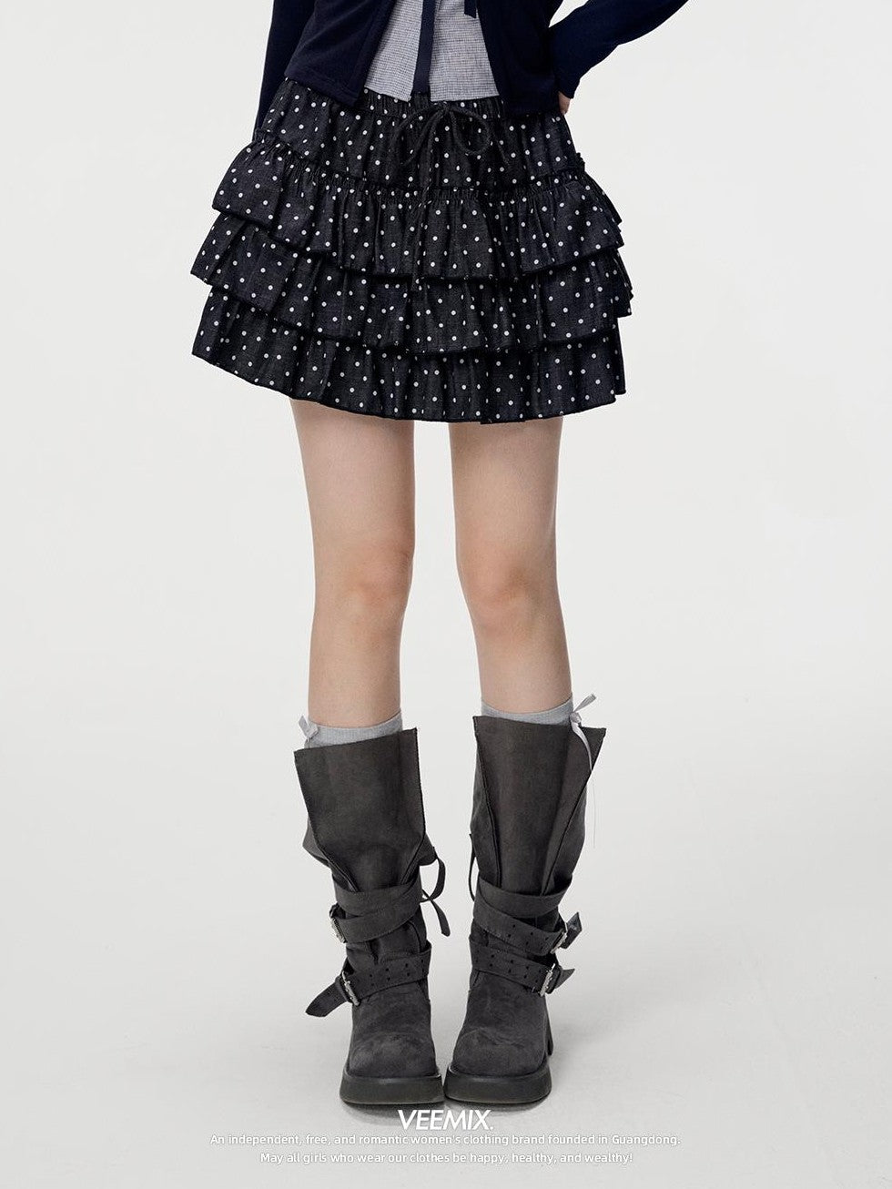 VEEMIX White Polka Dot Ruched Tiered A Line Women&