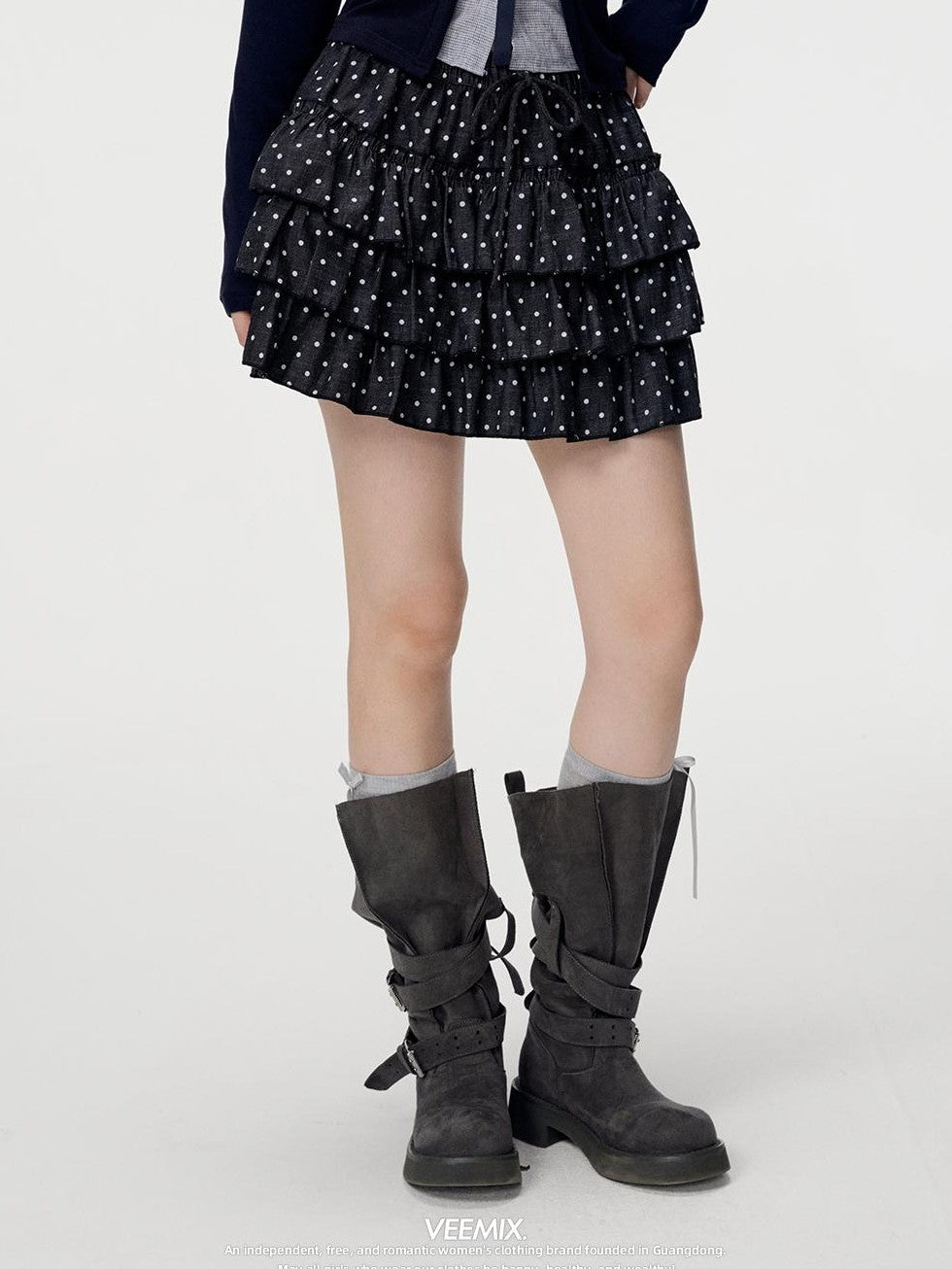 VEEMIX White Polka Dot Ruched Tiered A Line Women&