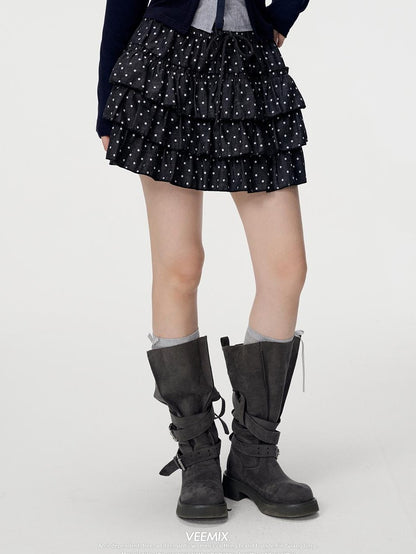 VEEMIX White Polka Dot Ruched Tiered A Line Women&