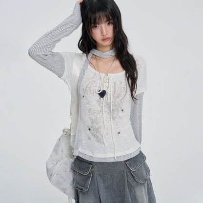 VEEMIX_White_Striped_Layered_Fake_Two_Piece_Women&