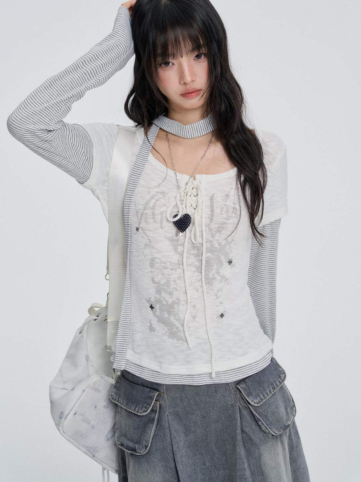 VEEMIX White Striped Layered Fake Two Piece Women&