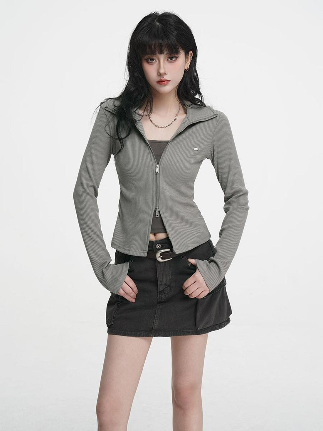 VEEMIX White Zip Up Faux Two Piece Split Hem Women&