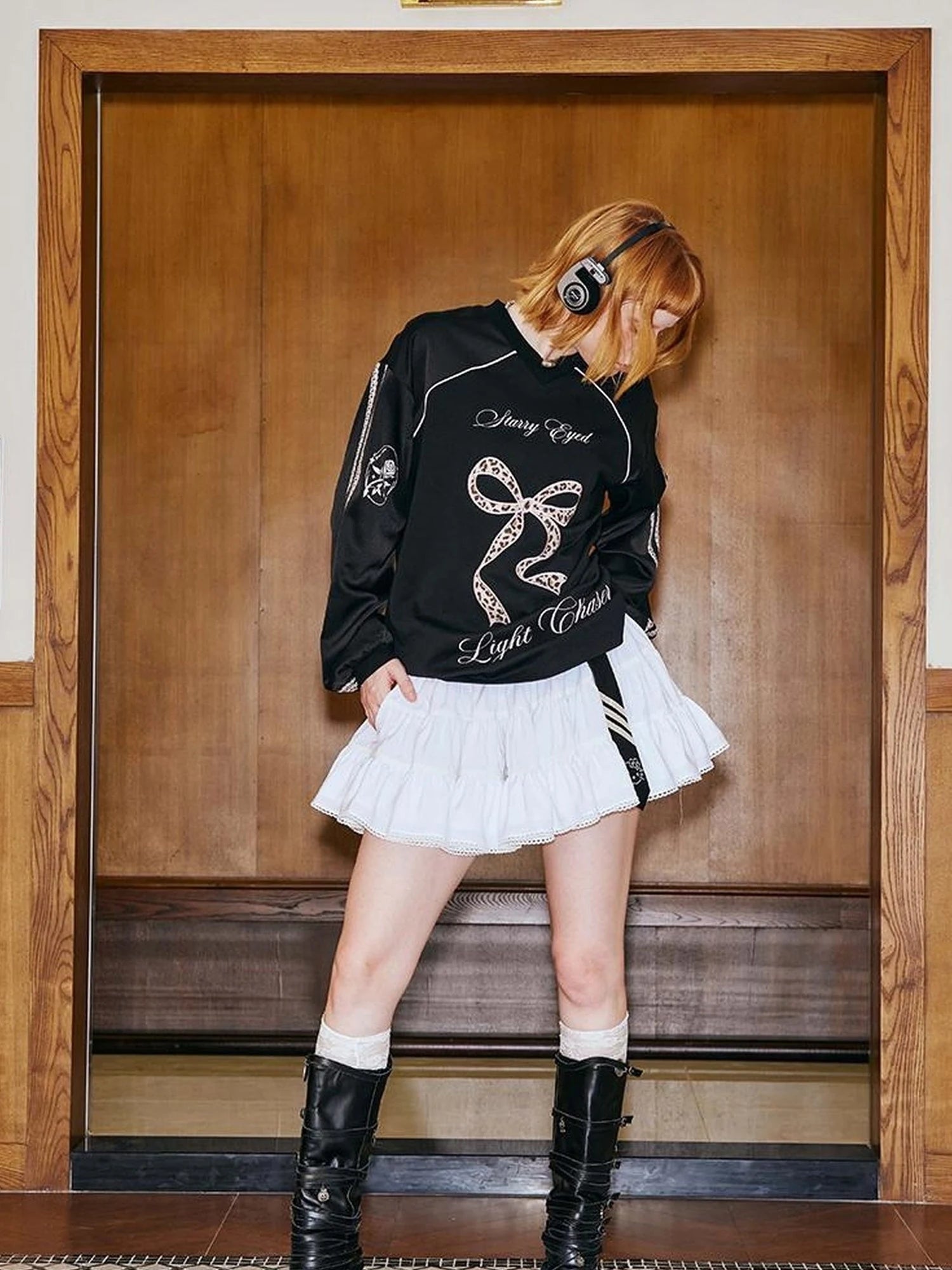 V Neck Bow Leopard Patchwork Lace Print Long Sleeve Jersey