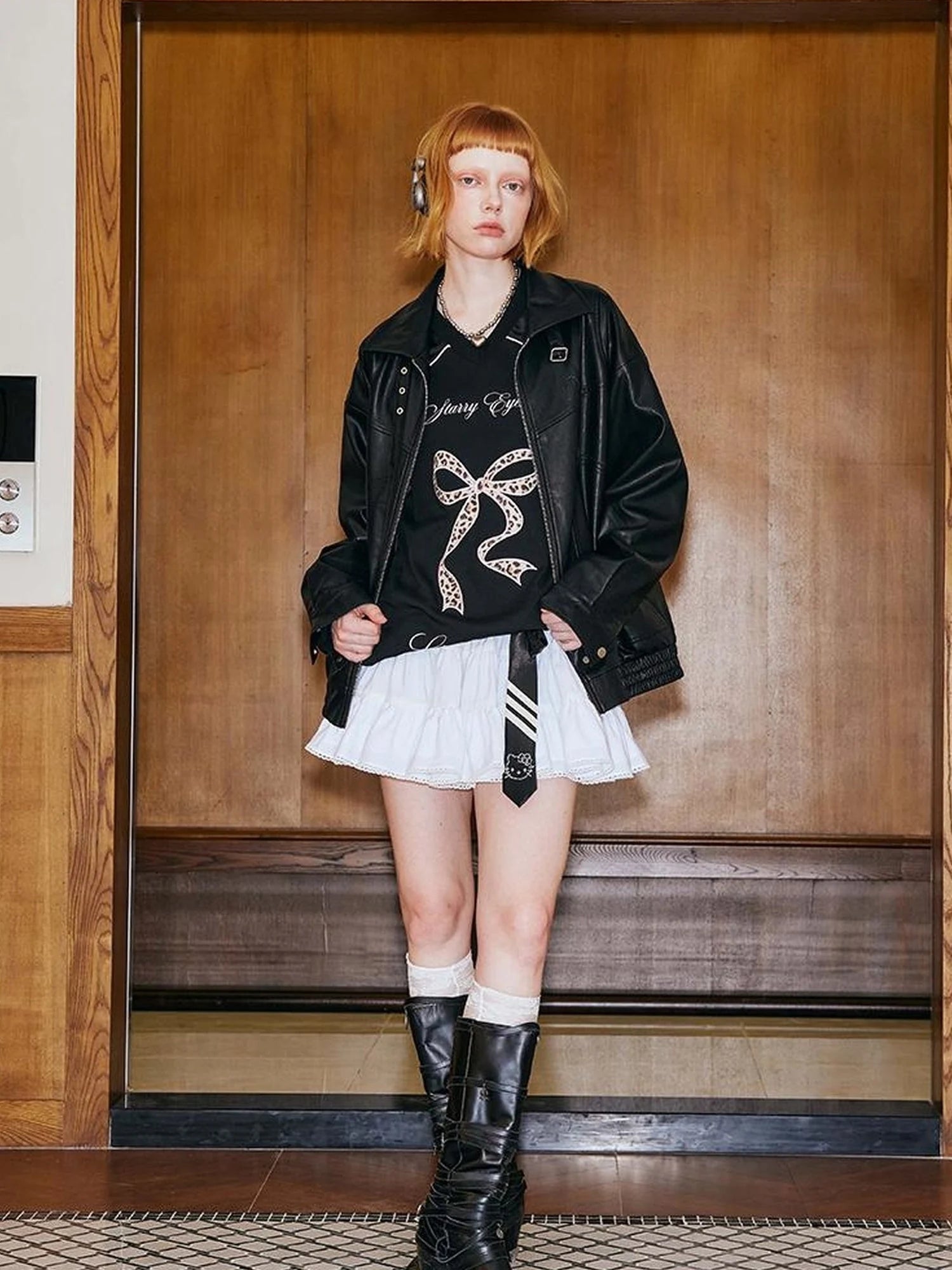 V Neck Bow Leopard Patchwork Lace Print Long Sleeve Jersey