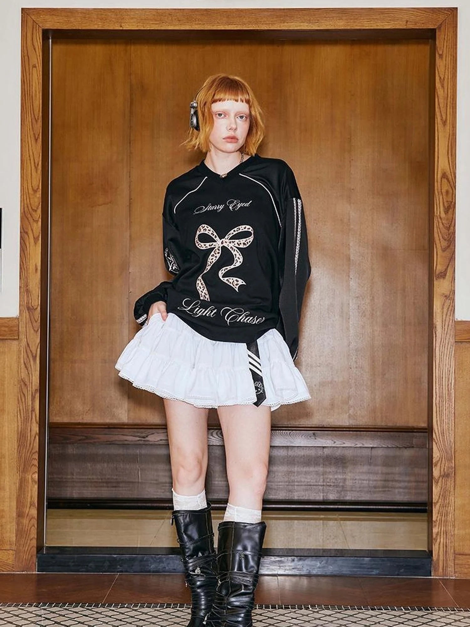 V Neck Bow Leopard Patchwork Lace Print Long Sleeve Jersey