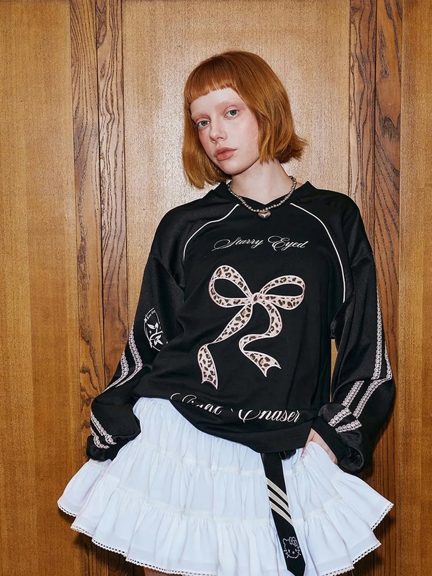 V Neck Bow Leopard Patchwork Lace Print Long Sleeve Jersey