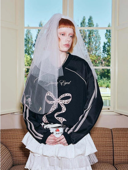 V Neck Bow Leopard Patchwork Lace Print Long Sleeve Jersey