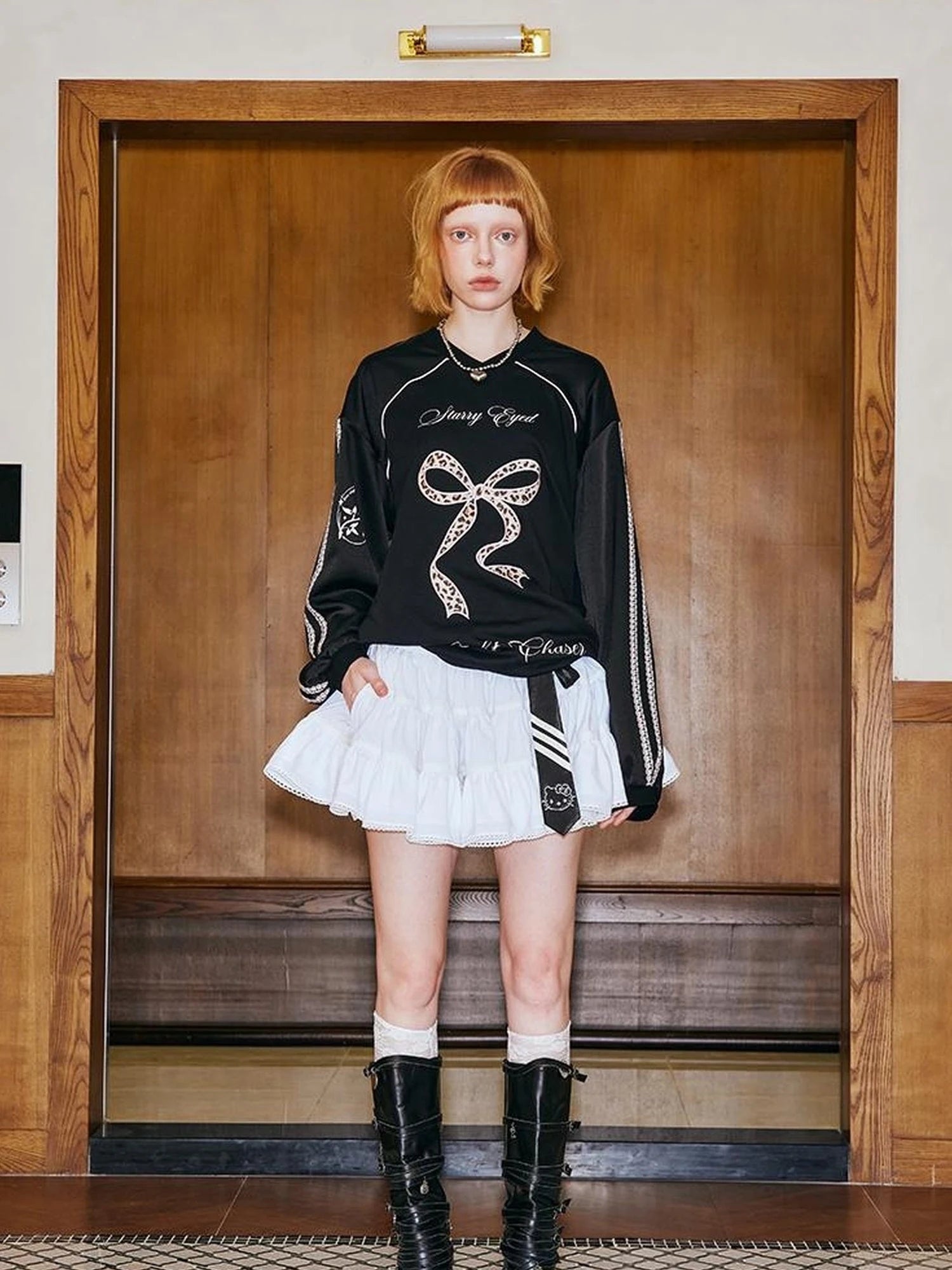 V Neck Bow Leopard Patchwork Lace Print Long Sleeve Jersey