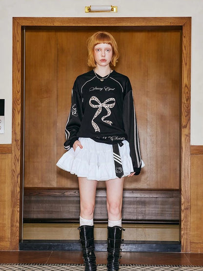 V Neck Bow Leopard Patchwork Lace Print Long Sleeve Jersey