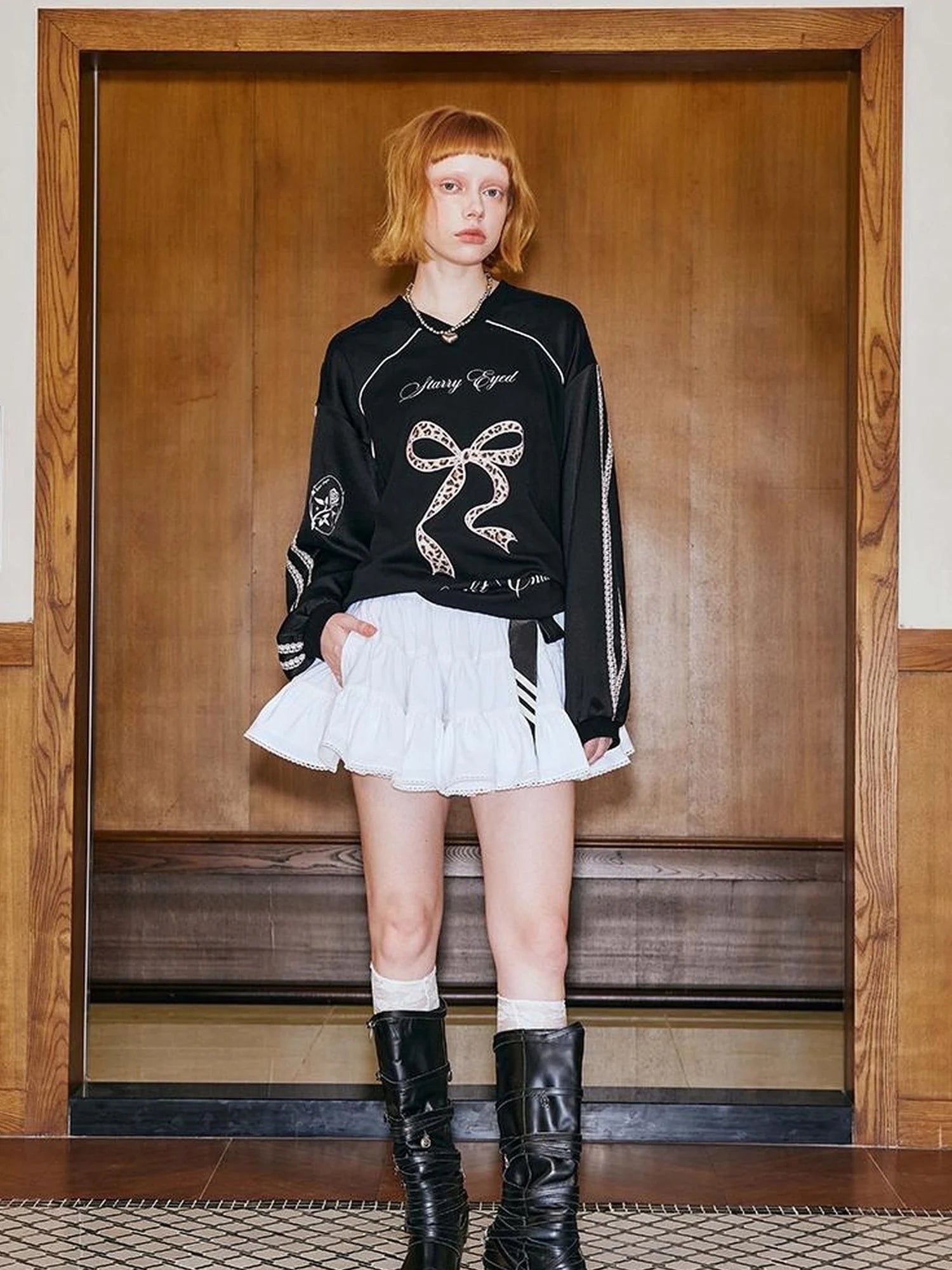 V Neck Bow Leopard Patchwork Lace Print Long Sleeve Jersey